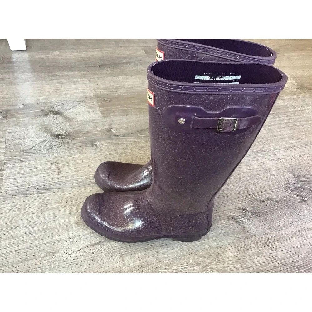 Hunter Rain Boots Girls size 6 Purple Glitter Wellington Waterproof Boots UK 4